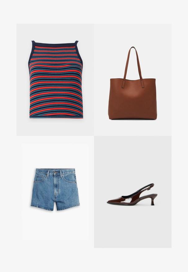 Striped tank top featuring red, blue, and navy horizontal lines, with a ribbed texture and sleeveless design.; Denim shorts in light blue, featuring five pockets, a zip fly, and a button closure. The hem is frayed with a relaxed fit design.; Brown patent leather slingback shoe with a pointed toe and a moderate heel. Features a buckle strap for secure fit. Smooth texture.; Brown leather tote bag with a smooth texture, open top design, and two shoulder straps. Features minimal stitching and no visible hardware.