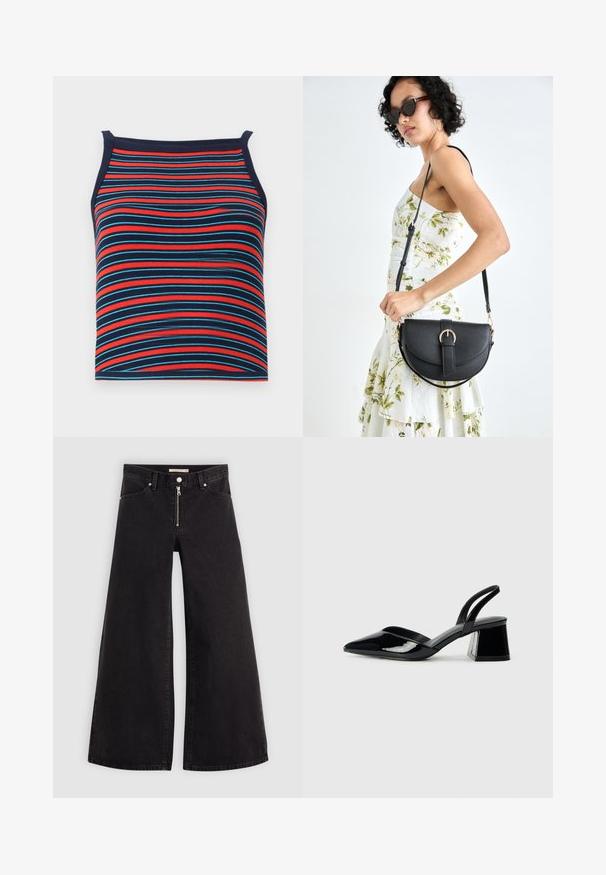 Top a righe con strisce orizzontali rosse, blu e navy, con una texture a coste e design senza maniche.; Jeans a gamba larga in denim nero con chiusura a zip, design a cinque tasche e dettagli di cucitura sottili. Texture morbida e stile casual.; Décolleté in vernice nera con punta affusolata e tacco in geometria cubica. Presentano un design elegante e minimalista, con una texture liscia.; Borsa a tracolla nera in pelle con una forma curva, manico rimovibile e accessori dorati. La borsa presenta una patta con un dettaglio a fibbia.