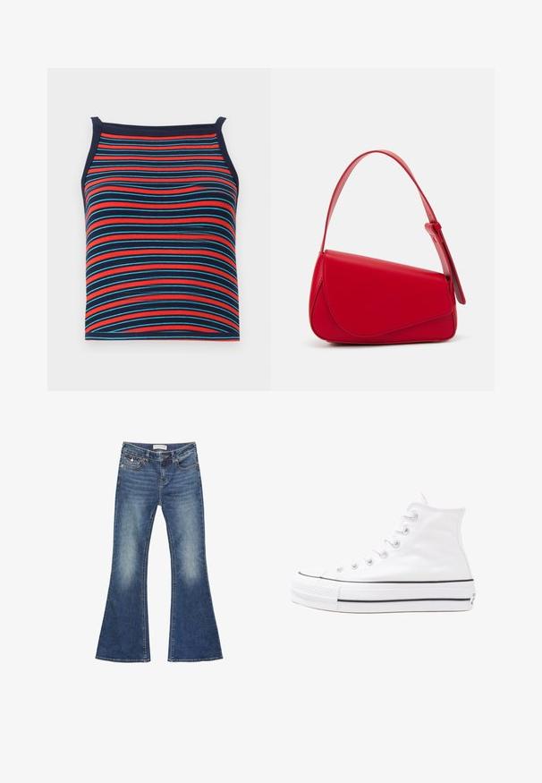 Striped tank top featuring red, blue, and navy horizontal lines, with a ribbed texture and sleeveless design.; Denim flared jeans in medium blue with fading details. Features a classic five-pocket design and contrast stitching with a button closure.; White high-top canvas sneaker with black rubber sole, front rubber toe cap, and six eyelets for laces, featuring a clean, minimalist design.; Red leather handbag with an angular, geometric design. Features a single adjustable strap and a flap closure with stitched detailing.