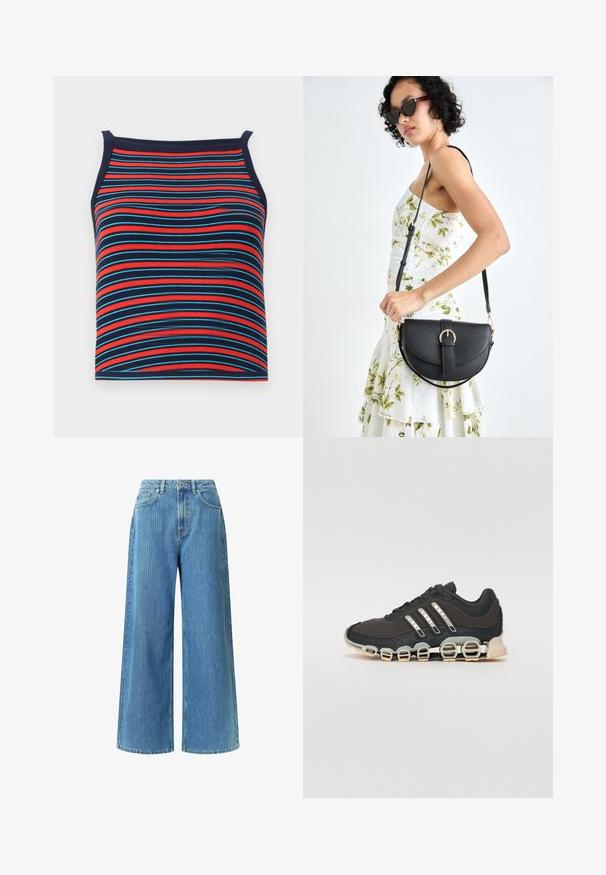 Svītrainā bezpiedurkņu krekls, kurā ir sarkanas, zilas un tumši zilas horizontālas līnijas, ar rievotu tekstūru.; Plaša kāju džinsi no gaiši zila denima, ar augstu jostasvietu, divām priekšējām kabatām, jostu cilpām un smalku teksturētu rakstu.; Melna sporta apavi ar teksturētu augšdaļu, trim sudraba svītrām un atšķirīgu amortizācijas zoli, kas sastāv no vairākiem integrētiem sekvencēm.; Melnas ādas rokassoma ar izliekta formu, noņemamu siksnu un zelta aksesuāriem. Somai ir vāciņš ar sprādzes detaļu.