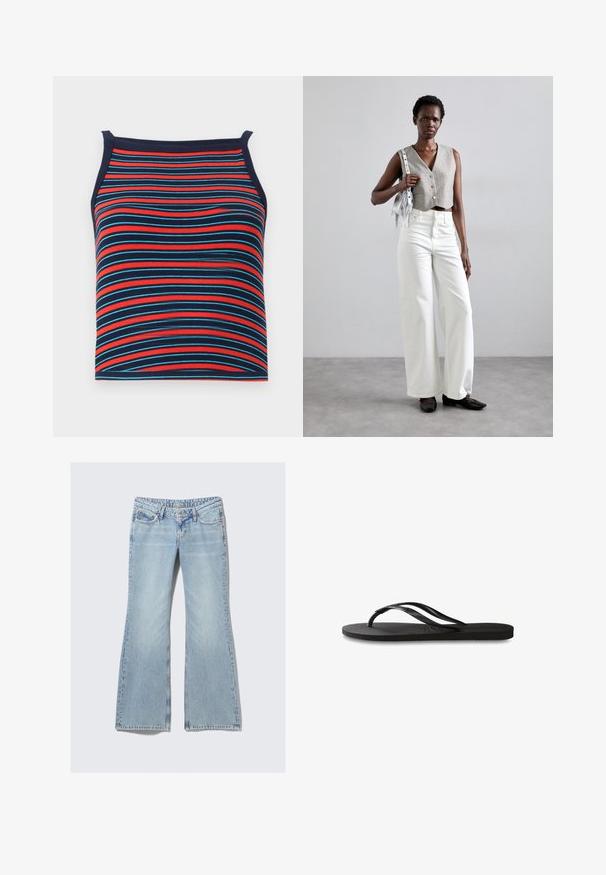 Stripet tanktopp med røde, blå og marine horisontale linjer, ribbet tekstur og uten ermer.; Weekday NOVA - Jeans slim fit - lip blue; Svart flip-flop med teksturert gummisåle, to slanke stropper og en subtil, preget logo på stroppen.; Grå kort vest med knapper, kombinert med hvite vide jeans og svarte flate sko. Tilbehør med en liten sølvfringe-veske.