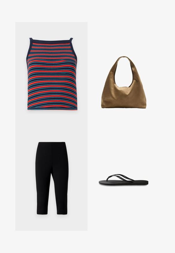 Gestreiftes Tanktop mit roten, blauen und marineblauen horizontalen Linien, mit geripptem Material und ärmellosem Design.; Schwarze Caprihosen aus dehnbarem Material, mit einem figurbetonten Design, das knapp unter dem Knie endet, einer glatten Textur und ohne sichtbare Nähte.; Schwarze Flip-Flops mit einer strukturierten Gummisohle, zwei schlanken Riemen und einem dezenten, geprägten Logo-Detail auf dem Riemen.; Braune Stoffschultertasche mit einem breiten, runden Körper und einem großen Ausschnittgriff. Sanfte Textur, minimalistisches Design und keine sichtbaren Beschläge.