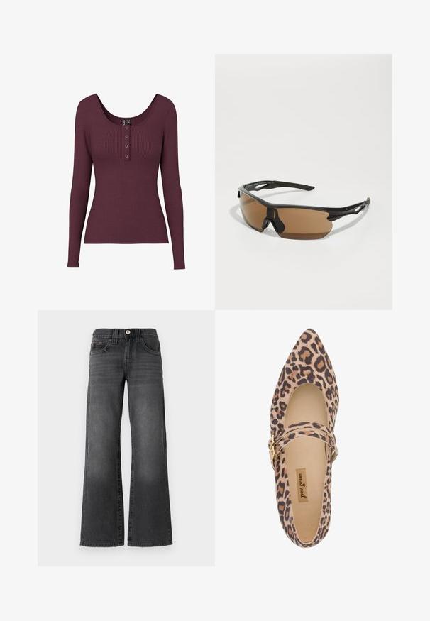 Burgunderfarget, rillede langermede topp med scoop-hals og tre knapper ved brystet. Laget av strukturert strikkemateriale.; Videbukser i mørkegrå denim. Har fem lommer, knappelukking og subtil bleking på stoffet. Klassiske sømdetaljer.; Leopardmønstret Mary Jane-sko med spiss tå, mykt tekstiloverdel og en stropp prydet med en gullspenne. Kremfarget fôr og innersåle synlig.; Sporty solbriller med svart ramme, brune tonede linser og teksturerte svarte detaljer på stengene. Lett og aerodynamisk design.