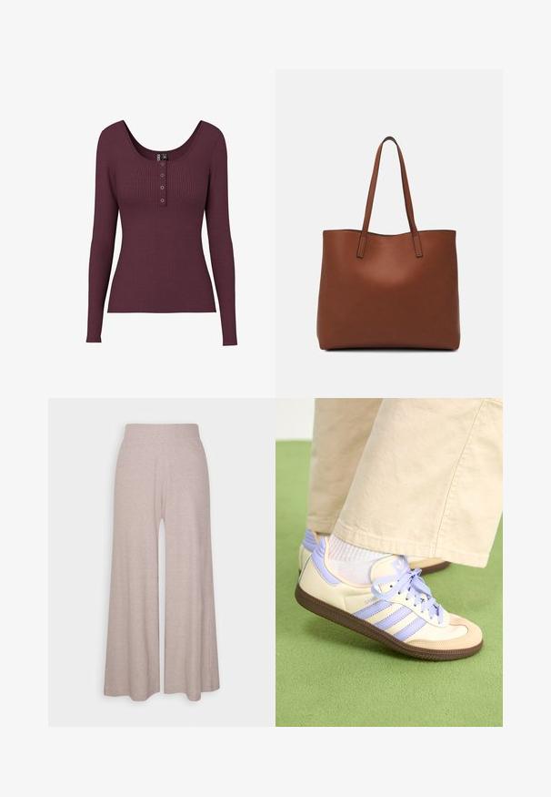 Bordeaux geribbelde lange mouw top met een ronde halslijn en drie knoopdetails op de borst. Gemaakt van een gestructureerd breimateriaal.; Lichtgrijze, wijde broek van zacht, geribbeld materiaal, met een hoge tailleband en volledige lengte benen met een subtiele textuur.; Crème- en lavendel-sneakers met drie strepen en een gestructureerde bruine zool, voorzien van veters en een gewatteerde hiel. Zachte stoffen bovenkant.; Bruine leren tote bag met een gladde textuur, een ontwerp met een open bovenkant en twee schouderbanden. Kenmerkt zich door minimale stiksels en geen zichtbare hardware.
