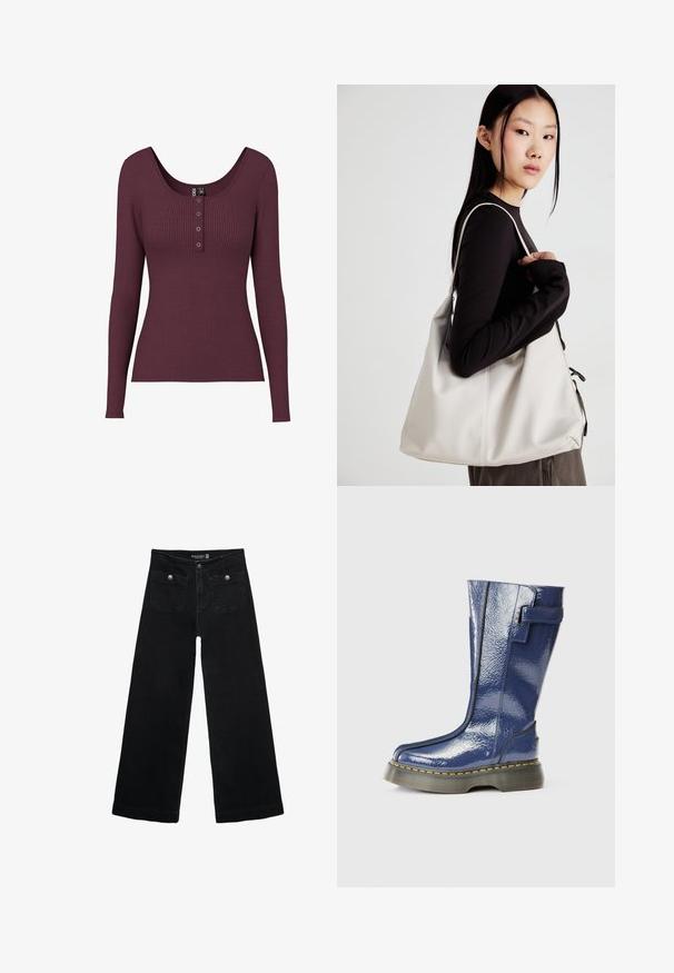 Burgundowa, prążkowana bluzka z długim rękawem o okrągłym dekolcie i trzech guzikach na klatce piersiowej. Wykonana z teksturowanego materiału dzianinowego.; Czarne, szerokie dżinsy z wysokim stanem, z dwoma przednimi kieszeniami i metalowymi guzikami. Tkanina ma gładką fakturę.; Niebieskie, błyszczące, sięgające kolan botki z zaokrąglonym noskiem, bocznym zamkiem błyskawicznym i pionowymi szwami. Posiadają grubą, czarną podeszwę platformową z żółtym przeszyciem.; Beżowa torebka wykonana z miękkiego materiału, charakteryzująca się luźnym fasonem, wyszywanymi detalami i dwoma uchwytami na ramię. Idealna na co dzień.