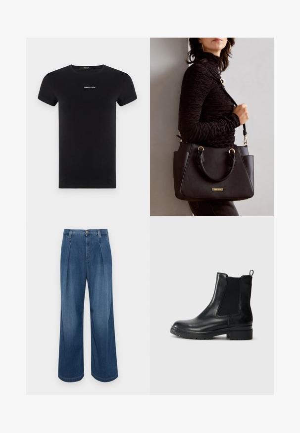 Replay LOGO - Navadna majica - black; Široke traper hlače v srednji modri pranju. Imajo gumbasto zapiranje, dva sprednja nabora in kontrastni šiv. Mehka tekstura in gladka površina.; Tamaris Klasični gležnjarji - black glam; Črna torbica z teksturirano površino, z dvema zgornjima ročajema in nastavljivim ramenskim pasom. Ima zlatovrateče dodatke in stranske žepe.