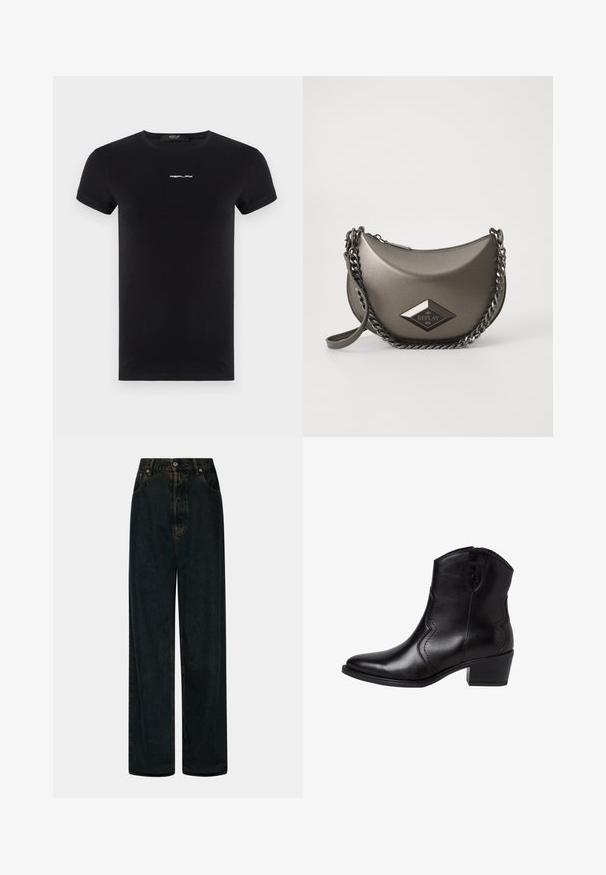 Replay LOGO - Camiseta básica - black; Jeans de denim oscuros de tiro alto y pierna ancha con cierre de botón y cremallera en la parte frontal, trabillas para el cinturón y bolsillos delanteros.; Botas de cuero negro hasta el tobillo con punta afilada, costuras laterales curvadas y un tacón bajo y cuadrado. Cuentan con un cierre de cremallera y una textura suave.; Bolso cruzado en gris metálico con forma de media luna, que cuenta con una correa de cadena y un parche de logo en forma de diamante. Acabado suave y cierre de cremallera.