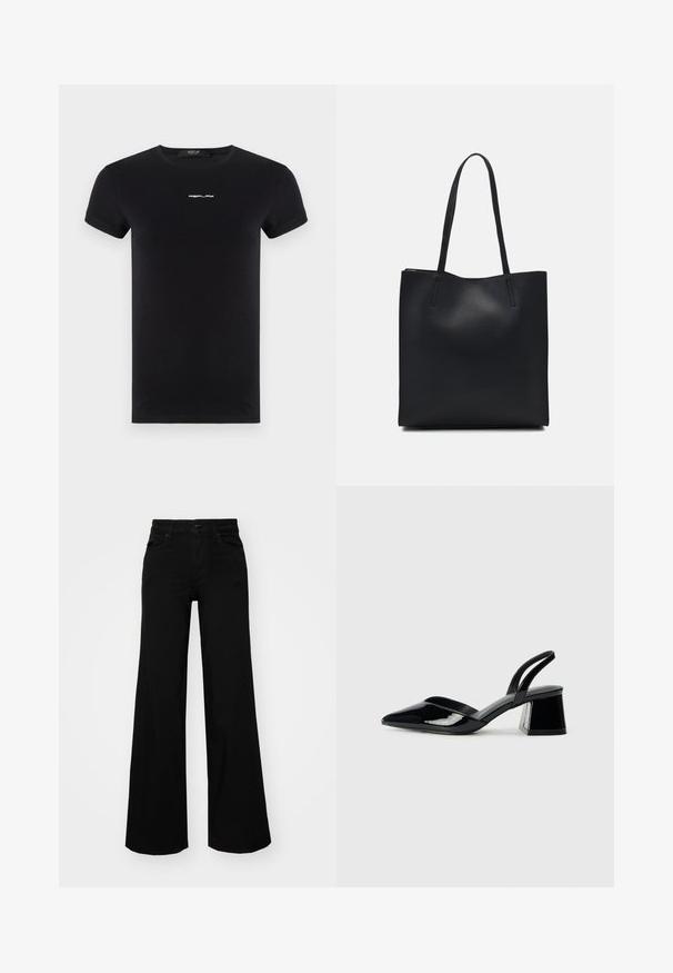 Replay LOGO - T-Shirt basic - black; Schwarze weit geschnittene Hose aus Denim, mit einem strukturierten Bund, Gürtelschlaufen und Fronttaschen. Glatte Textur mit klassischem Design.; Schwarze Lackleder-Slingback-High Heels mit spitzem Schuh und einem geometrischen Blockabsatz. Verfügt über ein schlankes, minimalistisches Design und eine glatte Textur.; Schwarze Laptoptasche aus Leder mit glatter Textur, rechteckiger Form und zwei langen Griffen. Keine sichtbaren Beschläge oder Verzierungen.