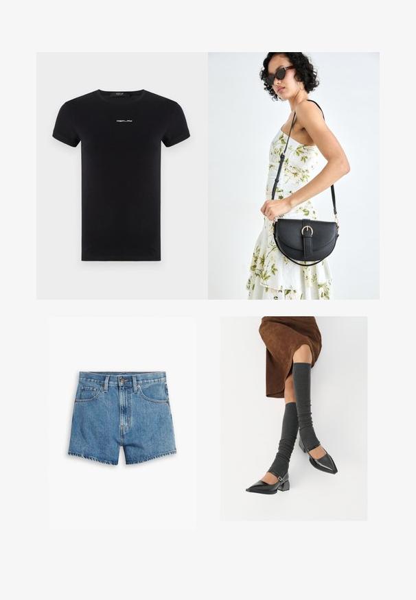 Replay LOGO - Basic T-shirt - black; Denim shorts in light blue, featuring five pockets, a zip fly, and a button closure. The hem is frayed with a relaxed fit design.; Black patent leather pointed-toe shoes with a block heel and ankle strap, paired with gray ribbed leg warmers and a brown suede skirt.; Black leather handbag with a curved shape, detachable strap, and gold hardware. The bag features a flap with a buckle detail.