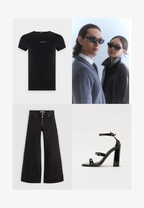Replay LOGO - Jednoduché tričko - black; Džíny s širokými nohavicemi v černém denimovém provedení se zipem vpředu, pěti kapsami a jemnými švy. Hladká textura a ležérní styl.; Černé lakované sandály na podpatku se čtveratou špičkou, lýtkovými pásky a stříbrnými přezkami. Disponují masivním blokovým podpatkem pro stabilitu.; Sluneční brýle s úhlovými černými rámy na modelce v šedém svetr, který ukazuje texturovaný pletený vzor, a černou koženou bundu, kterou nosí jiný model.