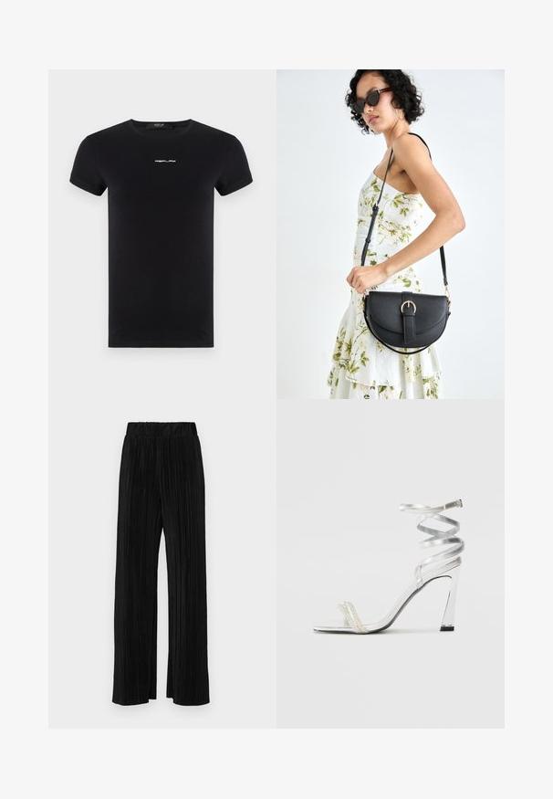 Replay LOGO - T-shirt básica - black; Calças pregueadas pretas com uma cintura elástica. Apresentam pernas largas e um tecido liso, texturizado com riscas verticais.; Sandalha de salto alto prateada com um design de tira brilhante, apresentando um detalhe semelhante a uma pérola e uma tira de tornozelo espiralada para um ajuste seguro.; Bolsa de couro preta com forma curva, alça destacável e detalhes em dourado. A bolsa possui uma aba com detalhe de fivela.