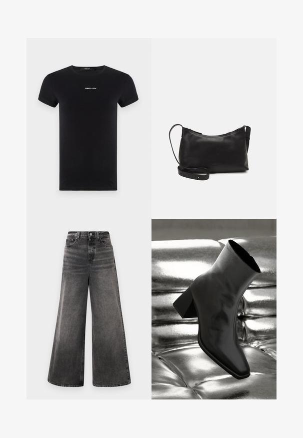Replay LOGO - T-shirt básica - black; Calças de ganga pretas de perna larga com um efeito desbotado, design de cinco bolsos e fecho de botão na cintura, apresentando detalhes costurados.; Botim preto de tornozelo feito de material brilhante, com bico quadrado e salto afunilado, posicionado contra um fundo prateado brilhante com detalhes acolchoados.; Bolsa de ombro em pele preta com textura suave, forma curva, alça ajustável e fecho com zip. Design minimalista sem adornos.