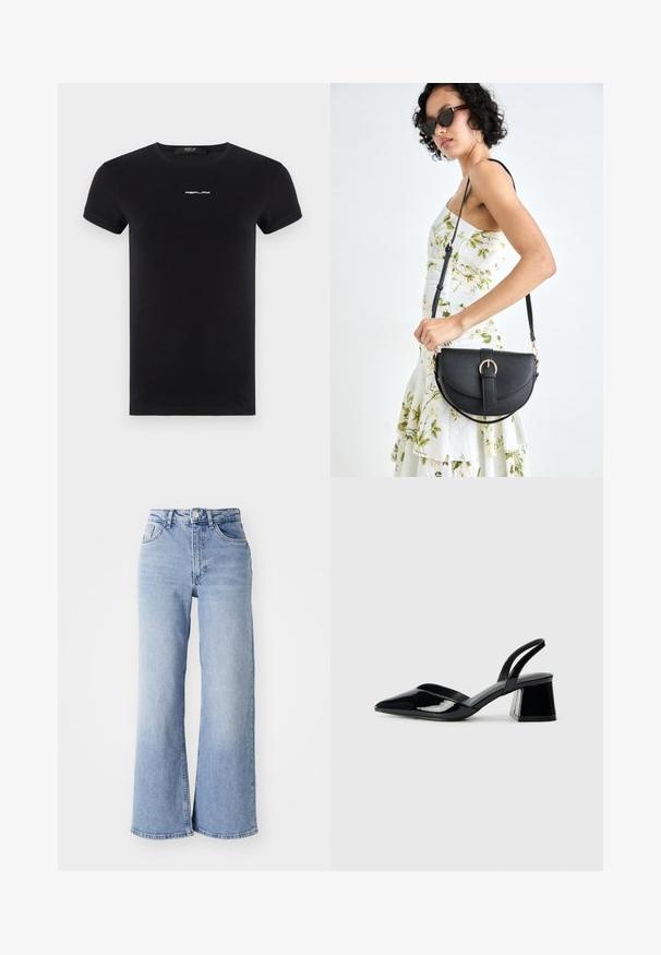Replay LOGO - T-Shirt basic - black; Himmelblaue hochtaillierte Schlagjeans mit vorderen und hinteren Taschen, Knopfverschluss und dezentem Verblassen an den Oberschenkeln und Säumen.; Schwarze Lackleder-Slingback-High Heels mit spitzem Schuh und einem geometrischen Blockabsatz. Verfügt über ein schlankes, minimalistisches Design und eine glatte Textur.; Schwarze Lederhandtasche mit geschwungener Form, abnehmbarem Tragegurt und goldenen Beschlägen. Die Tasche verfügt über einen Deckel mit einer Schnallen-Details.