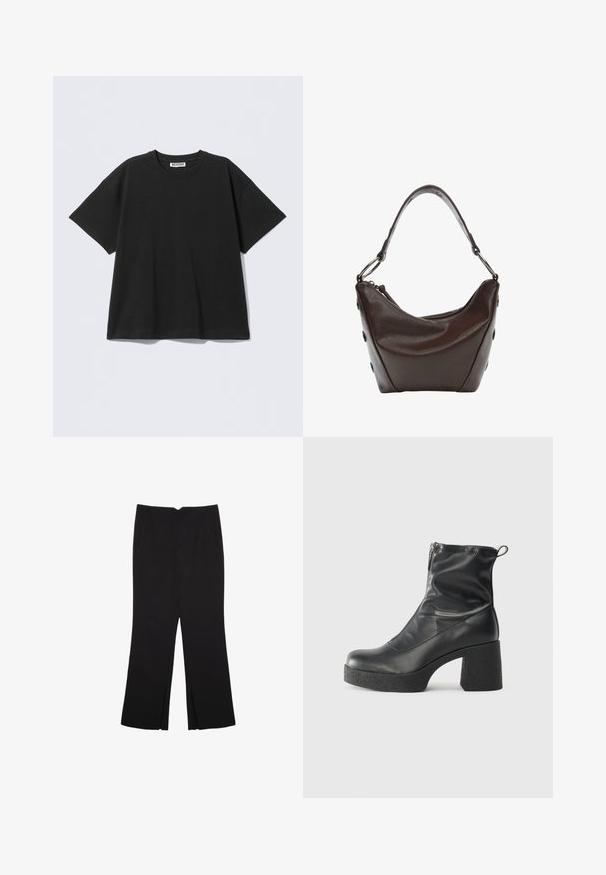 Crna prevelika majica od pamuka, s okruglim izrezom i kratkim rukavima. Jednostavan dizajn bez uzoraka ili detalja.; Crne hlače ravnog kroja, s prednjim džepovima i bočnim prorezima na rubu. Izrađene od mekog i glatkog materijala. Pogodne za razne prigode.; Crne gležnjače od glatke kože, s bočnim zatvaračem, debelim teksturiranim potplatom i dizajnom s zaobljenim prstima.; Tamno smeđa kožna torba sa zakrivljenim oblikom, zatvaranjem na zip i kratkom drškom. Ima metalne detalje i dekorativne crne dugmadi sa strane.