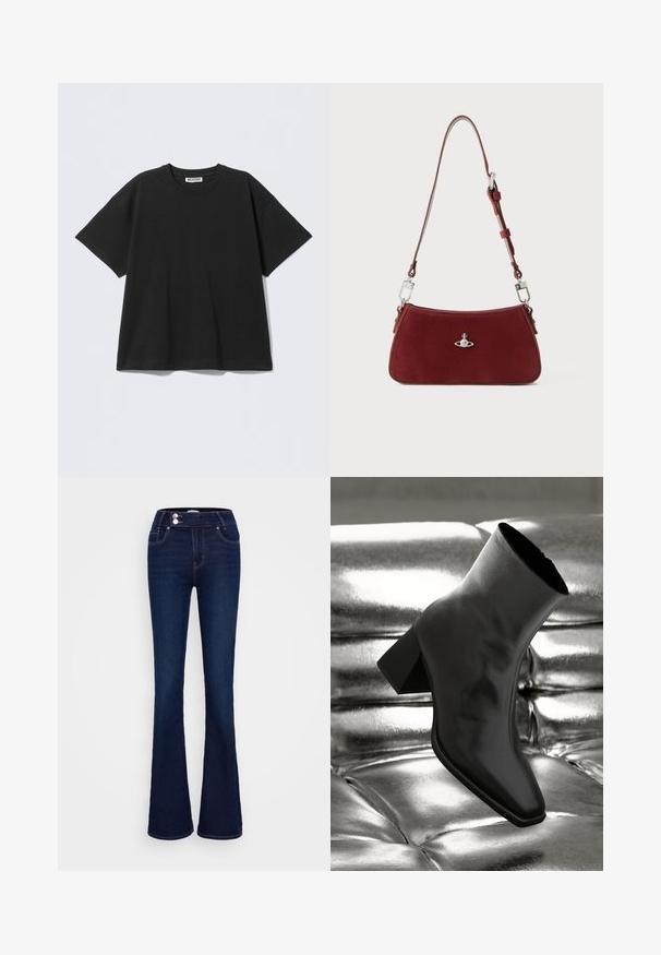 T-shirt oversize nera in cotone, con scollo rotondo e maniche corte. Design semplice senza motivi o accenti.; Jeans a palazzo blu scuro con vita alta, due tasche frontali e due chiusure a bottone. Realizzati in denim con una texture liscia.; Stivale alla caviglia nero realizzato in materiale lucido con punta quadrata e tacco affusolato, posizionato su uno sfondo argentato lucido con imbottiture a sfera.; Borsa a spalla in suede rosso con forma curva. Presenta un accento in tonalità argento e una tracolla regolabile con dettagli in metallo. Texture liscia.
