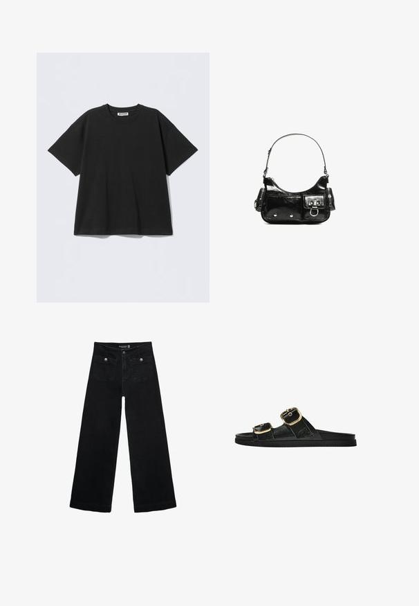 Crna prevelika majica od pamuka, s okruglim izrezom i kratkim rukavima. Jednostavan dizajn bez uzoraka ili detalja.; Crne široke traperice s visokim strukom, koje imaju dva prednja džepa i metalne gumbe kao ukrase. Tkanina ima glatku teksturu.; Crne sandale na klizanje s dva zlatna akcenta u obliku kopči, glatkog teksturiranog materijala, ravnim potplatom i minimalističkim dizajnom.; Crna patentna kožna torba s zakrivljenim oblikom, jednim remenom za rame, prednjim džepovima i akcentima od srebrnog tona.