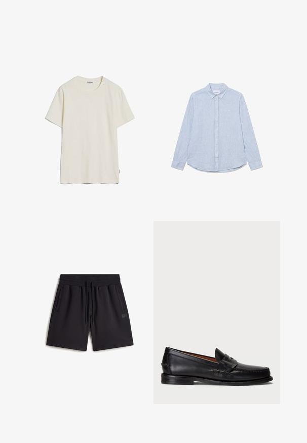 Kurzärmliges T-Shirt mit Rundhalsausschnitt aus off-weißem Baumwollstoff. Glatte Textur, lässige Passform und ein kleines Markenlabel am unteren linken Saum.; Hellblaues Hemd mit weißen Streifen, langen Ärmeln, Kragen, abgerundetem Saum und dezentem Logo-Detail auf der Brust. Aus Baumwollmaterial.; Schwarze Sweatshorts aus Baumwollmischgewebe. Ausgestattet mit einem elastischen Taillenbund mit Zugband, Seitentaschen und einem kleinen Logopatch.; Schwarze Lederloafer mit abgerundetem Zeh, gesteppten Details und einem dekorativen Riemen an der Vorderseite. Flache Sohle mit minimalem Profil.