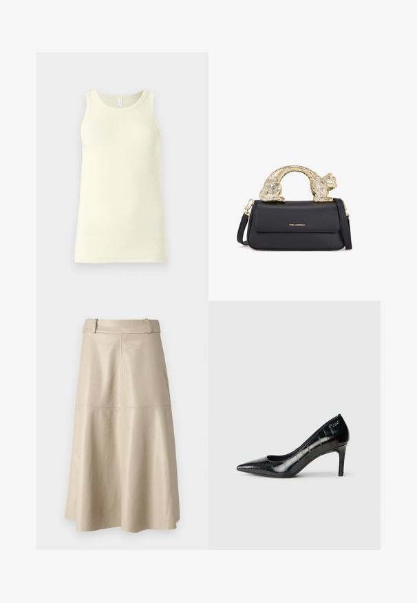 Canotta in cotone giallo chiaro con texture a coste, scollatura rotonda e spalline larghe. Cade dritta senza decorazioni.; Gonna midi in pelle beige con una texture liscia, vita ampia e orlo svasato; presenta cuciture per un dettaglio aggiuntivo.; Décolleté nere con punta affusolata, finitura lucida e un sottile motivo testurizzato. Presentano un tacco moderato e un design con apertura sulla parte superiore.; Borsa a tracolla in pelle nera con manico a forma di gatto dorato, dotata di pattina frontale, tracolla regolabile e dettaglio logo sulla parte anteriore inferiore.