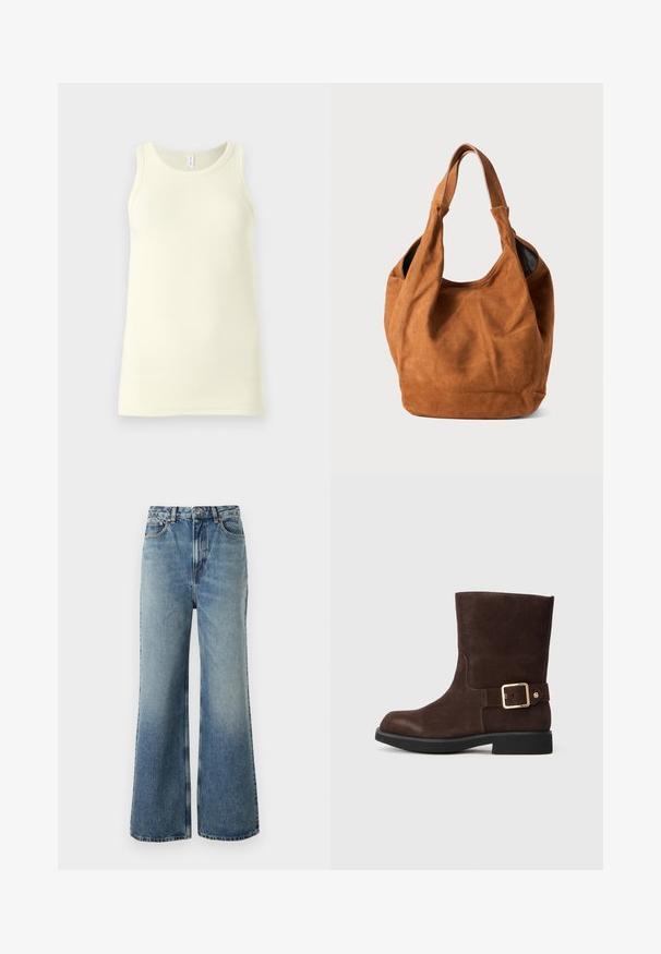 Hele hele kollane puuvillane tank top, millel on ribitud tekstuur, ümmargune kaelus ja laiad õlapaelad. Rippub sirgelt, ilma kaunistusteta.; Heledad sinised teksad kõrge vöökoha, laia sääre lõikega, kerge tuhmumise ja kontrastsete õmblustega; omavad eesmine taskud ja nööbikinnitust.; Pruun nubukist pahkluu saabas, millel on ümar varvas, lame must tall ja küljes kuldne pandla aktsent. Sile tekstuur ja lihtne disain.; Pruun nubukist õlakott pehme tekstuuri, kumeriku kuju ja kahe käepideme ning minimaalsete joontega. Funktsioneerib ilma nähtava riistvara või aksessuaarideta.