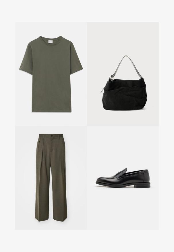 T-shirt de manga curta em verde-oliva escuro, de corte reto, com uma pequena etiqueta branca da marca na parte de trás do pescoço.; Filippa K WIDE TROUSERS - Calças - driftwood; Mocassins de couro preto com uma textura suave, bico arredondado e uma faixa decorativa sobre o peito do pé. Salto baixo e empilhado, design minimalista.; Carteira de camurça preta com um design suave e dobrado. Apresenta uma alça de ombro fina e lisa em couro e detalhes de costura subtil.