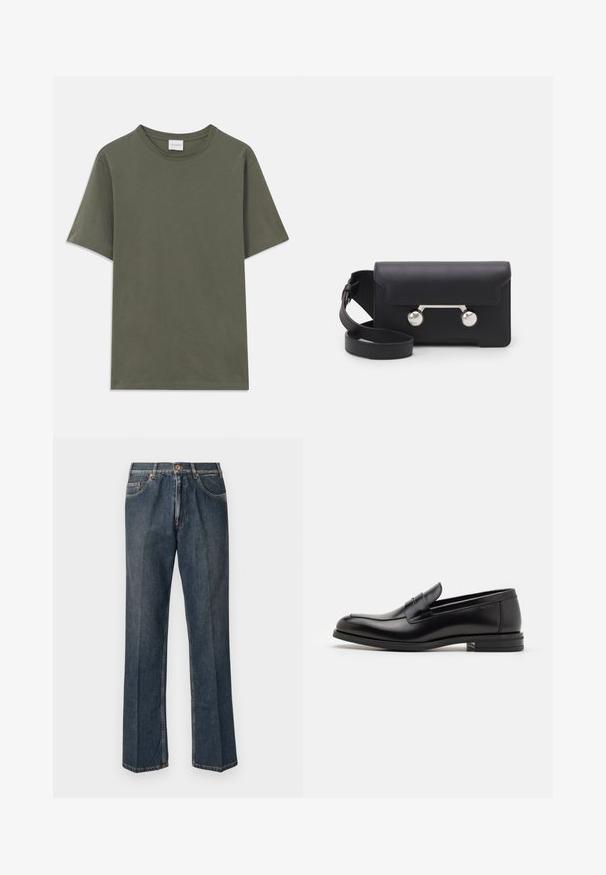 Plain dark olive green short-sleeve crew neck T-shirt with a small white brand label at the back neckline.; Dark blue straight-leg denim jeans with front button, zip fly, double front pockets, and visible vertical creases down the legs.; Black leather loafers with a smooth texture, rounded toe, and a decorative strap across the vamp. Low stacked heel, minimalist design.; Black leather crossbody bag with a flap closure, silver-tone hardware, and two round accents. Features a detachable strap. Smooth texture.