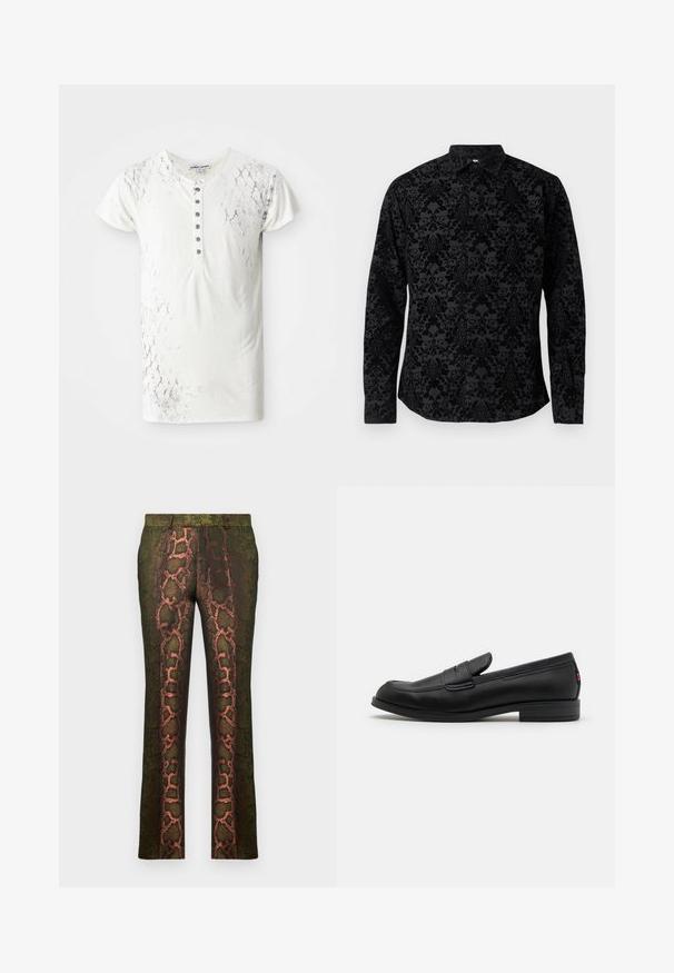 Balta īsām piedurknēm T-krekls ar teksturētu čūsku ādas rakstu un pogu slēgšanu, kuras centrā ir tumši pelēkas pogas.; Melns garām piedurknēm krekls ar teksturētu damasku rakstu, klasisku apkakli un pogu aizdari, izgatavots no mīkstas auduma ar gludu apdari.; Zaļas bikses ar rakstu, kas iekļauj čūsku drukājumu brūnos un oranžos toņos, taisna silueta un gluda tekstūra.; Melnas ādas loafers ar gludu apdari, noapaļotu purngalu un mazu dekoratīvu flap. Ietver zemu kraujošu papēdi un smalku zīmola detalizāciju.