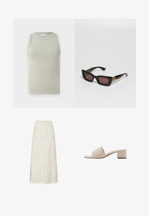 Top senza maniche a coste verde chiaro con scollo rotondo. Presenta una silhouette aderente e una texture morbida.; Gonna maxi bianca a strati realizzata in tessuto leggero e testurizzato con vita elastica. Caratterizzata da tre sezioni di tessuto distinte.; Sandalo beige con tacco a blocco, dotato di una fascia larga e punta aperta. Materiale liscio e design elegante. Tacco corto e robusto per maggiore stabilità.; Occhiali da sole in tartaruga nera con lenti rettangolari, tonalità marrone, montatura spessa e dettagli con logo doppia G dorato sulle tempie.; Borsa a perline con colori vivaci: rosa, arancione, blu e marrone. Superficie testurizzata con perline circolari e forme organiche, manici robusti.; Orecchini a cerchio in tonalità oro con bordo esterno in resina dal motivo tartaruga, dotati di una finitura liscia e di una forma circolare elegante.