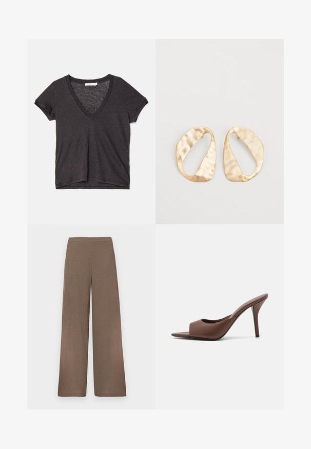 Tumehall lühikeste varrukatega V-kaelusega T-särk, mis on valmistatud kerge ja hingava kangaga, laheda lõikega ja peene tekstuuriga.; Laiade säärega pruunid püksid, millel on lame vöökoht, nähtamatud taskud ega kinnitusi, esitatud valgel taustal.; Pruunid nahast avatud varvastega kõrged kontsad, millel on stiilne disain, laia eesrihma ja peene stilettokontsaga.; Eba paar eba ebaorditud ovaalkujulisi kuldehhe kaal setertu, kerge keersuju pinnaga valgel taustal.