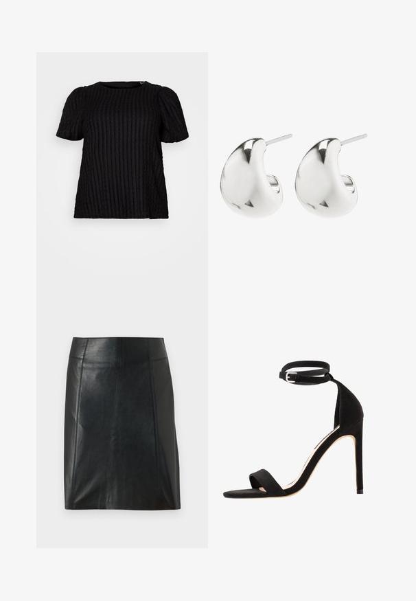 Czarna bluzka z krótkim rękawem, o prążkowanej fakturze, okrągłym dekolcie i lekko bufiastych rękawach. Tkanina wydaje się miękka i lekko elastyczna.; Czarna skórzana spódnica o dopasowanym kroju. Gładka tekstura, szwy podkreślające kształt i prosty dół. Minimalistyczny i elegancki wygląd.; Czarne zamszowe sandały na wysokim obcasie z prostym wzorem paska, odkryty palec i pasek na kostkę z metalowym zapięciem w kolorze srebrnym.; Srebrne kolczyki w kształcie studów o gładkim, zaokrąglonym wzorze. Posiadają wypolerowane wykończenie oraz zapięcie w formie sztyftu, zapewniające bezpieczeństwo noszenia.