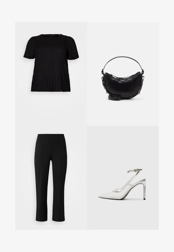 Fekete, rövid ujjas felső bordázott textúrával, kerek nyakkivágással és enyhén puffos ujjakra. Az anyag lágy és kicsit rugalmas.; Vero Moda Curve VMCBECKY PULL ON - Nadrágok - black; Áttetsző anyagú, hegyes orrú, tiszta stiletto sarokcipő, fémes ezüst díszítéssel és állítható bokahevederrel.; Fekete krokodilbőr hatású kézitáska ívelt formával, levehető vállpánttal és egy elegáns fém díszítéssel az elején.