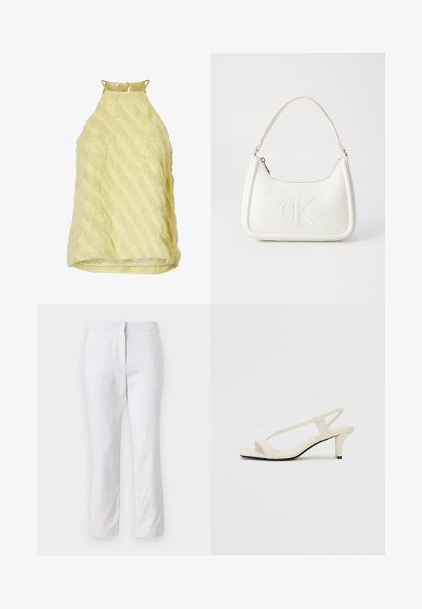 Gelbes ärmelloses Top mit gefiederter Textur, diagonal gestreift und mit einem Rückenschlitzverschluss, aus leichtem Stoff gefertigt.; Weiße Baumwollhose mit geradem Bein, mittelhoher Taille und ohne sichtbare Beschläge oder Muster. Glatte Textur auf der gesamten Fläche.; Beige Blockabsatzsandalen mit dünnen Riemen und quadrater Spitze. Glattes Material mit minimalem Design, entworfen für einfaches Tragen.; Weiße Lederhandtasche mit abgerundeter Form, ausgestattet mit einem geprägten "CK"-Logo auf der Vorderseite und einem Einzel-Schultergurt. Reißverschluss oben.