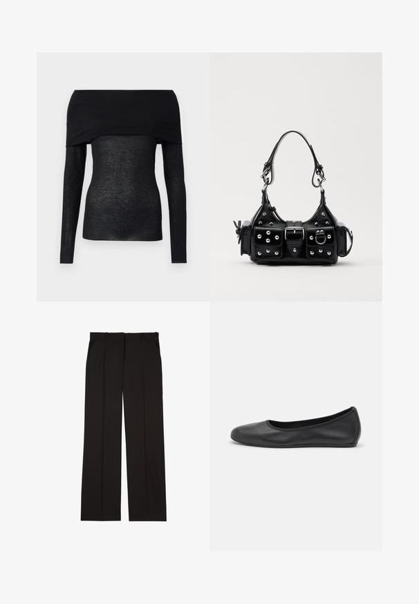 Čierny dlhý rukáv top s dizajnom bez ramienok, ktorý má ľahkú, mierne priesvitnú textúru a priliehavý strih.; Čierne oblekové nohavice z hladkej látky, s rovnými nohavicami a dvoma bočnými vreckami. Elegantná a minimalisticá konštrukcia.; Čierne kožené baleríny s okrúhlou špičkou, hladkým povrchom, minimálnym prešívaním a flexibilným dizajnom podrážky.; Čierna kožená kabelka s zakriveným dizajnom, doplnená striebornými cvočkami, prackou a dvoma bočnými vreckami. Nastaviteľný popruh poskytuje rôzne možnosti nosenia.
