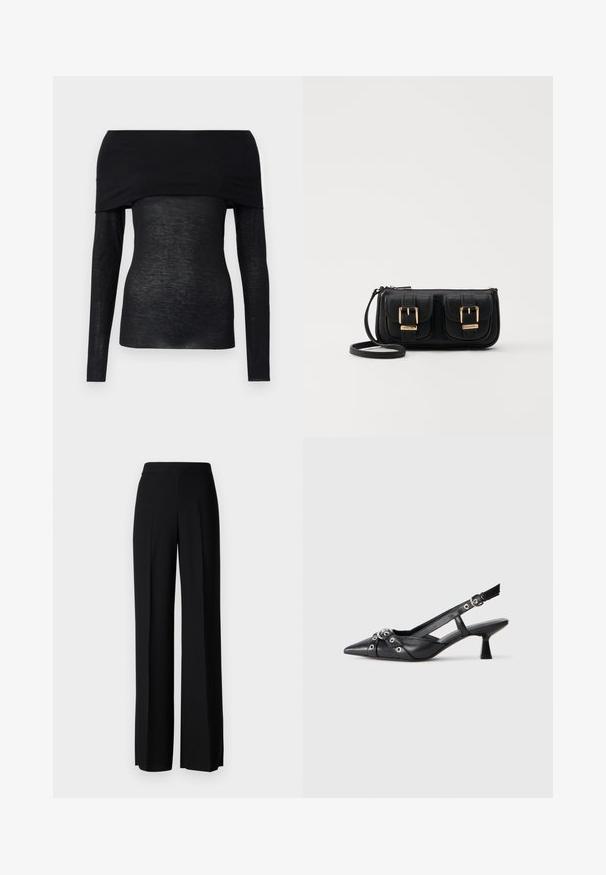 Must have pikad varrukad tipp, millel on õlgadelt avatud disain, kerge ja veidi läbipaistev tekstuur ning figureeriv siluett.; Mustad laiad püksid mustas värvitoonis, sujuva tekstuuri ja kõrge vöökoha ning keskmiste voldikutega. Ilma nähtavate mustrite või tarvikute detailideta.; Must must have must toote tõmblukuga, dekoratiivsed rihmad metallist silmadega ja madal blokk-kand. Tekstureeritud pind.; Must küllastamata nahast õlakott, millel on kaks esist nähtavat taskut, kuldsed pandlad, tõmblukuga sulgemine ja peen rihm. Tekstuuriga pind ja kompaktne ristkülikukujuline kuju.