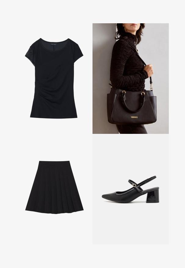 Top negro de manga corta hecho de tela suave, con un panel texturizado en un hombro, diseño asimétrico y detalles fruncidos en el lateral.; Falda plisada negra hecha de un tejido texturizado con una cinturilla ajustada. Llega a la altura de la rodilla y presenta una silueta suave y limpia.; Tacones slingback de charol negro con punta afilada, un diseño de corte redondeado y tacón bloque. Incluye un detalle de hebilla en tono dorado.; Bolso negro con superficie texturizada, doble asa superior y correa para hombro ajustable. Presenta herrajes en tono dorado y bolsillos laterales.