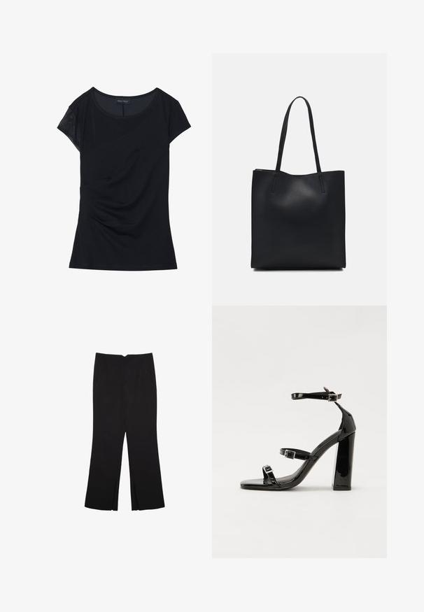 Sort kortærmet top lavet af blødt stof, med et tekstureret panel på den ene skulder, asymmetrisk design og sammensyning på siden.; Sorte bukser med lige pasform, der har frontlommer og slidser i kanten. Lavet af blødt, glat stof. Velegnet til forskellige anledninger.; Sorte patenterede hælsandaler med firkantet tå, ankelremme og sølvspænder. Har en chunky blokHæl for stabilitet.; Sort læder tote taske med glat tekstur, rektangulær form og to lange hanke. Ingen synlig hardware eller udsmykninger.