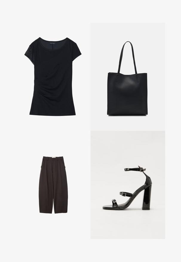 Sort kortærmet top lavet af blødt stof, med et tekstureret panel på den ene skulder, asymmetrisk design og sammensyning på siden.; Sorte brede bukser lavet af et glat stof, med høj talje, forfaldne folder og sidelommer. Simpelt design uden udsmykninger.; Sorte patenterede hælsandaler med firkantet tå, ankelremme og sølvspænder. Har en chunky blokHæl for stabilitet.; Sort læder tote taske med glat tekstur, rektangulær form og to lange hanke. Ingen synlig hardware eller udsmykninger.