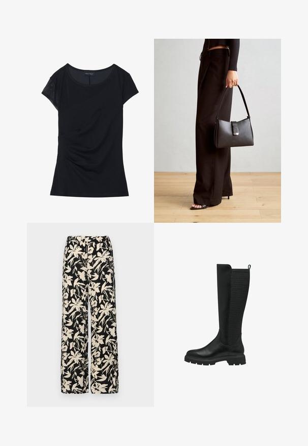 Černý krátký rukáv top vyrobený z měkké tkaniny, s texturovanou panelem na jednom rameni, asymetrickým designem a stažením na boku.; Černé kalhoty s širokými nohavicemi a krémovým květinovým vzorem. Vyrobené z lehké tkaniny, s hladkým povrchem a vysokým pasem.; Černé kozačky až po kolena s hladkou koženou špičkou a strukturovanou síťovinou na zadní straně, s gumovou podrážkou a poutkem pro snadné obouvání.; Černá kabelka se strukturovaným tvarem, hladkým povrchem a kovovým uzávěrem. Kombinována s širokými černými kalhotami a sandály s otevřenou špičkou na dřevěné podlaze.