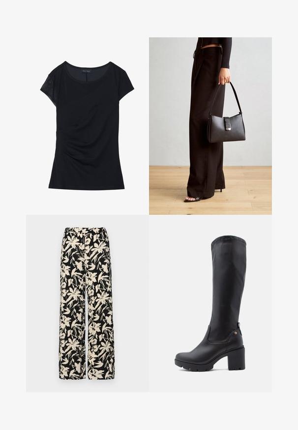 Sort kortærmet top lavet af blødt stof, med et tekstureret panel på den ene skulder, asymmetrisk design og sammensyning på siden.; Sorte vide bukser med et mønster af cremefarvede blomster. Lavet af letvægtsstof, som har en glat tekstur og en høj talje.; Sorte knæhøje støvler lavet af glat læder med firkantet tå, kraftig blokhælt og tekstureret gummisål. Har et diskret logodetalje.; Sort håndtaske med struktureret form, glat overflade og metalspænde. Sammen med brede sorte bukser og sandaler med åben tå på trægulv.