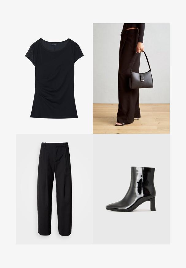 Svart kortärmad topp i mjukt tyg, med en texturerad panel på ena axeln, asymmetrisk design och samlad detalj på sidan.; Svarta byxor med en avslappnad passform, veckad front och bältesloopar. Slät tyg och raka ben, med sidofickor.; Svart lackläder ankelboot med spetsig tå och en medelhög klack. Slät textur och minimalistisk design.; Svart handväska med strukturerad form, slät yta och metallspänne. Matchad med vida svarta byxor och sandaler med öppen tå på trägolv.