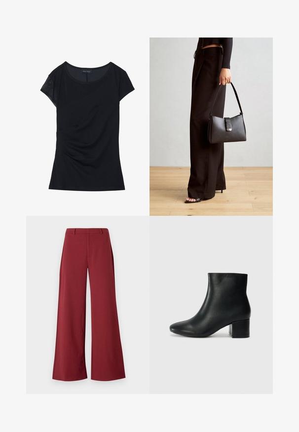 Top scurt negru, din material moale, cu un panou texturat pe un umăr, design asimetric și detalii pliate pe lateral.; Pantaloni largi de culoare burgundă închisă. Construiți dintr-un material neted și elastic, cu cusături pe măsură și închidere cu fermoar în față.; Cizme negre din piele până la gleznă, cu vârf ascuțit și toc robust. Textură netedă, cu accente minime și un design elegant, ajustat.; Genți negre cu o formă structurată, textură netedă și un închizător metalic. Asortată cu pantaloni negri largi și sandale cu vârf deschis pe un podea din lemn.