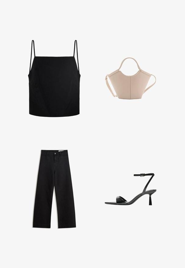 Top nero senza maniche con spalline sottili, realizzato in tessuto liscio. Presenta una vestibilità ampia e due tasche laterali per una maggiore praticità.; Pantaloni in denim neri a gamba larga con vita alta, dotati di tasche anteriori e posteriori, cuciture a punto, e chiusura con bottone. Texture liscia.; Bershka Sandali con tacco - black; Borsa in pelle beige con una forma unica, caratterizzata da due manici corti e una lunga tracolla regolabile. Texture liscia con hardware minimale.