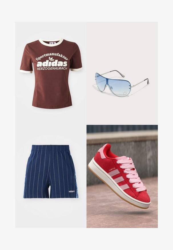 T-shirt castanho de manga curta com colarinho e punhos creme. Apresenta um grande texto branco que diz "Sportmanufactur adidas Herzogenaurach."; Calções azul marinho com riscas brancas, cintura elástica e logótipo Adidas. Possui pormenores azuis nas laterais, feitos em material de mistura de algodão.; Sapatilha vermelha em camurça com detalhes em rosa, apresentando três riscas brancas e atacadores rosa claro. Meio solado branco e sola em borracha tipo goma.; Óculos de sol aviador com lentes azuis em degradê, armação metálica prateada e detalhes decorativos de estrelas nas lentes. Design suave e elegante.; Saco de palha trançada com riscas multicoloridas em castanho, verde, laranja e azul. Apresenta uma forma plana e duas aberturas para as mãos. Design leve.
