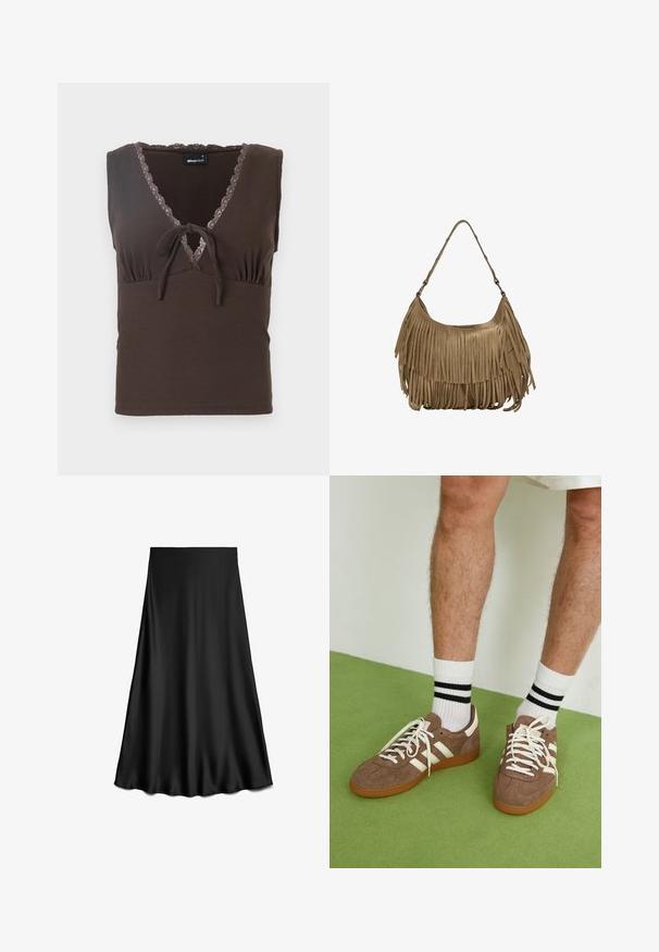 Top in cotone marrone a coste con scollatura a V, bordo in pizzo lungo il collo e un dettaglio annodato al centro. Silhouette aderente senza maniche.; Gonna nera a linea ad A in raso con una texture liscia, lunghezza al ginocchio, caratterizzata da un design semplice e pulito senza decorazioni o motivi.; Sneaker in suede marrone con dettagli e lacci bianchi. Suola in gomma color gomma. Indossati con calzini bianchi con righe nere. Pavimento verde texturizzato.; Borsa a tracolla in suede marrone con lunghi dettagli in frange, forma curva e una singola tracolla. Presenta una superficie liscia e testurizzata.