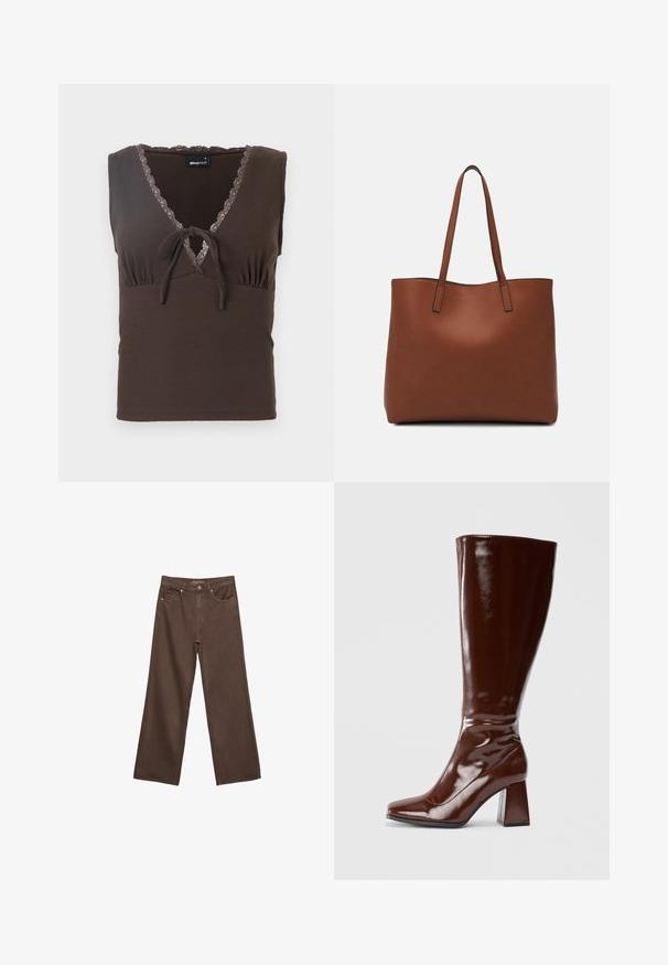 Hnědý žebrovaný top s V-výstřihem, krajkovým lemem podél výstřihu a zavázáním ve středu. Přiléhavý střih bez rukávů.; Hnědé džíny s širokými nohavicemi vyrobené z denimu, s vysokým pasem, předními kapsami a klasickým zapínáním na knoflík. Hladká textura s jemným švem.; Hnědé lakované kozačky do výšky kotníků se čtveratou špičkou, lesklým povrchem a robustním podpatkem pro větší stabilitu. Bezšvový design bez viditelného kování.; Hnědá kožená taška přes rameno s hladkou texturou, otevřeným designem a dvěma ramenními popruhy. Obsahuje minimální švy a žádné viditelné kovové prvky.