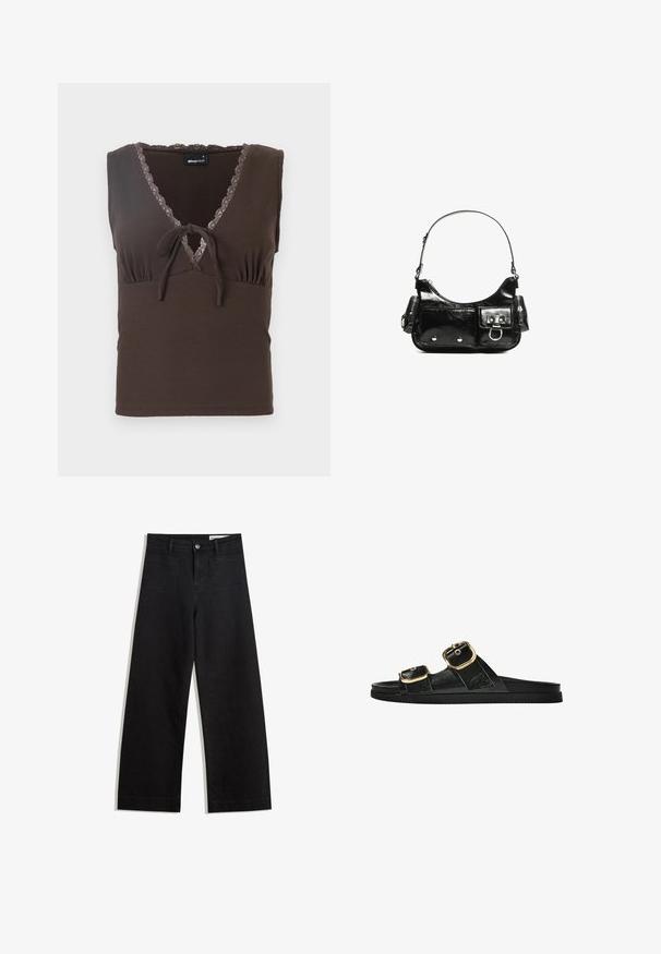 Top de tip rib, de culoare maro, cu decolteu în V, detalii cu dantelă de-a lungul gâtului și un detaliu legat în centru. Siluetă ajustată, fără mâneci.; Pantaloni din denim negri cu picioare largi, cu talie înaltă, având buzunare frontale și posterioare, cusături dublate și închidere cu nasture. Textură netedă.; Sandalie negre cu toc plat, cu două accente de cataramă aurie, din material texturat neted și design minimalist.; Geantă de mână din piele lăcuită neagră, cu o formă curbată, un umăr, buzunare frontale și accente din metal argintiu.