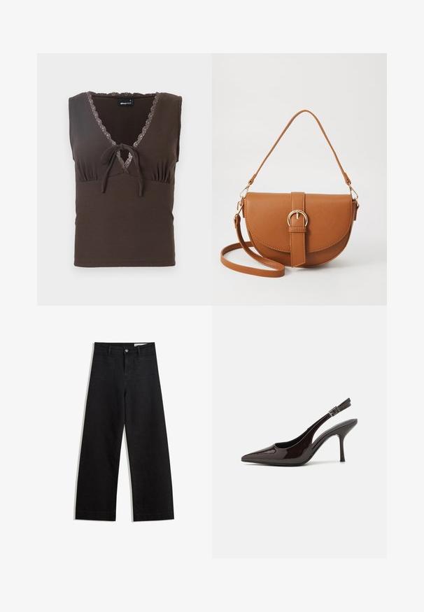 Brun ribbet tanktop med V-hals, blondekant langs udskæringen og en knyttet detalje i midten. Tæt siddende silhuet uden ærmer.; Sorte wide-leg denim bukser med høj talje, der har front- og baglommer, syede sømme og en knaplukning. Glat tekstur.; Slingback højhælet sko i glat mørkebrun patenteret læder, spids tå, åbne sider og justerbar ankelrem.; Brun læder crossbody taske med en buet form, guldfarvet hardware og en spændeaccent. Har en aftagelig skulderrem.