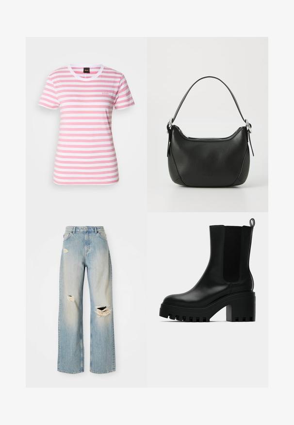 Camiseta a rayas en rosa claro y blanco, de manga corta, cuello redondo, hecha de algodón, con un sutil logo en el pecho.; Vaqueros rectos de color azul claro con cintura alta, presillas para cinturón y desgastes en el muslo izquierdo, la rodilla derecha y la parte inferior de la pierna izquierda.; Botín de cuero negro hasta el tobillo con puntera redonda, suela de plataforma gruesa y acentos de malla en los laterales. Cuenta con una lengüeta para facilitar el calzado.; Bolso de mano de cuero negro con forma curvada, cremallera plateada y un asa corta. Presenta un logotipo sutil en la parte frontal y una textura suave.