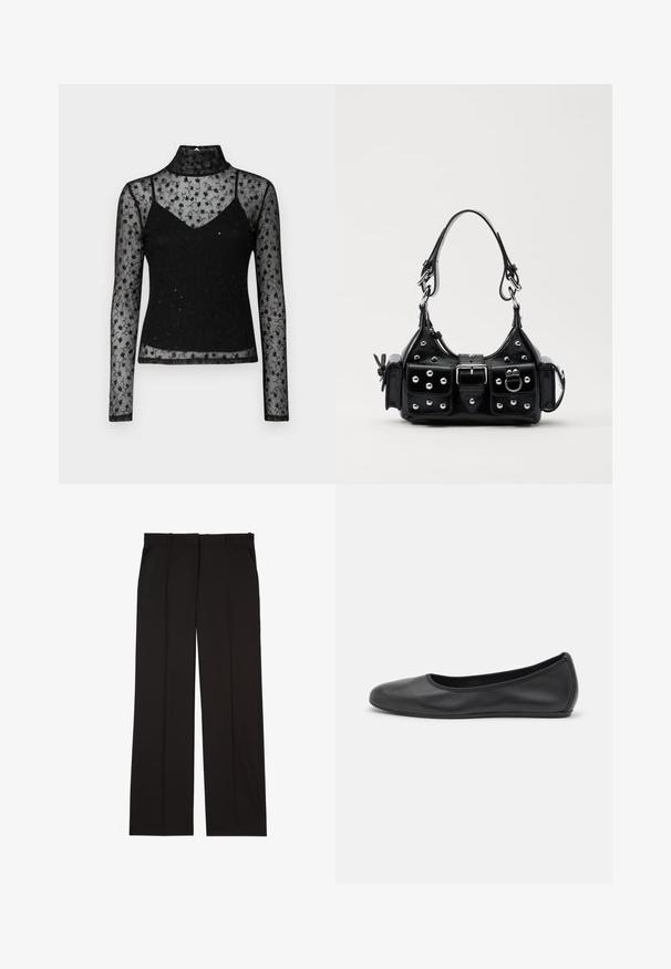 Schwarzes langärmliges Oberteil mit transparentem floralen Spitzenmuster, einem Stehkragen und einem enganliegenden Unterlayer. Mit gestickten Details versehen.; Schwarze, maßgeschneiderte Hosen aus einem glatten Stoff, mit geradem Bein und zwei Seitentaschen. Elegante und minimalistische Konstruktion.; Schwarze Leder-Ballettschuhe mit abgerundeter Spitze, glatter Textur, minimalen Nähdetails und einem flexiblen Sohlen-Design.; Schwarze Lederhandtasche mit einem geschwungenen Design, verziert mit silbernen Nieten, einer Schnalle und zwei seitlichen Taschen. Verstellbarer Träger für verschiedene Tragemöglichkeiten.