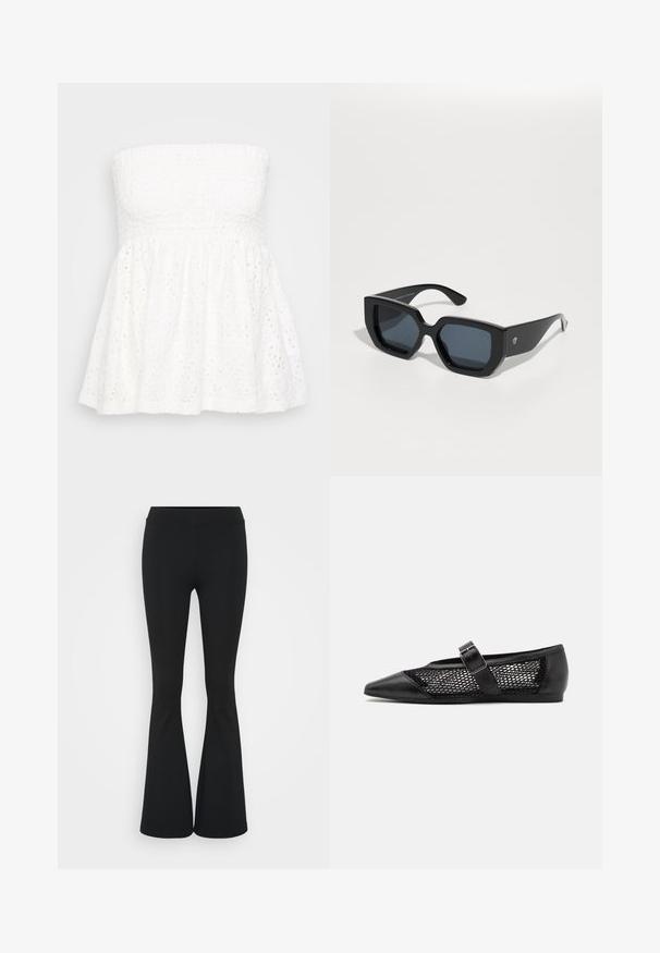 White strapless top with a textured, smocked bodice. The skirt features eyelet detailing and gathered fabric. Lightweight and airy design.; Black flared pants made of stretchy fabric, featuring a high waistband and a smooth texture. The pants flare out from the knee.; Black flat shoe with a pointed toe, mesh side panels, and a strap with a buckle detail. Smooth finish on the toe and heel sections.; Black oversized sunglasses with a geometric design, rectangular lenses, and glossy finish. No visible branding on the front.