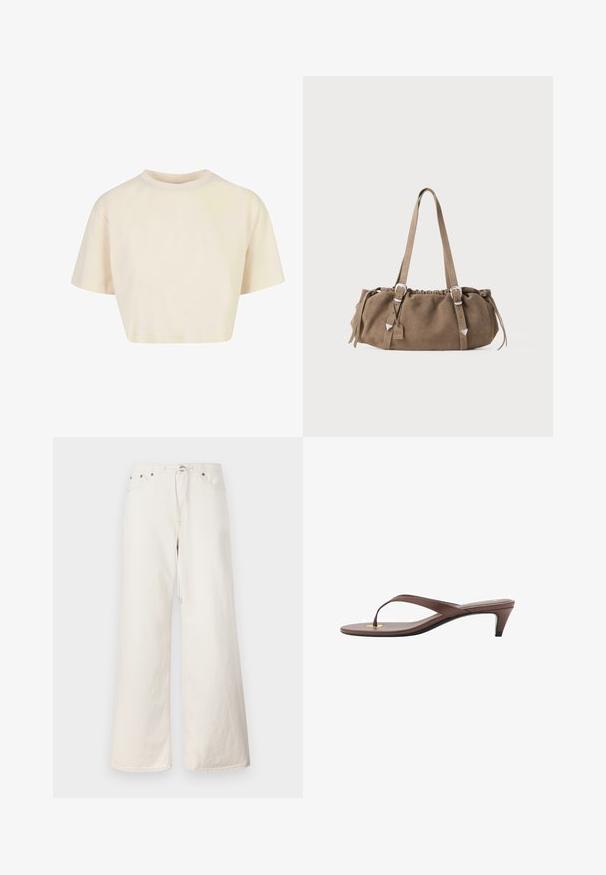 Cropped t-shirt made of soft fabric, featuring short sleeves, a round neckline, and a light beige color with a smooth texture.; White wide-leg denim pants featuring a drawstring waist, front pockets, and subtle stitching details. Made from sturdy cotton material.; Brown heeled flip-flop sandal with a slender strap and rounded toe post, featuring a small gold accent on the footbed.; Brown suede handbag with a gathered top, silver hardware accents, and two shoulder straps. Features a rectangular shape and minimal design.
